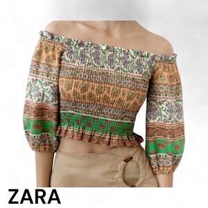 Zara 90s vintage printed linen smocked top